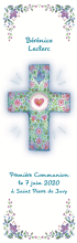 signet de communion personnalisé. croix fleurie bleue